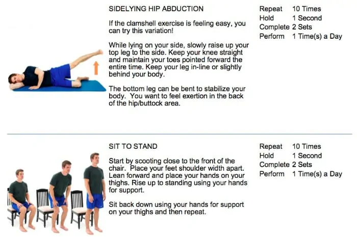 A graphic showing Exercises for spinal stenosis - Side lying hip abduction and Sit to stand